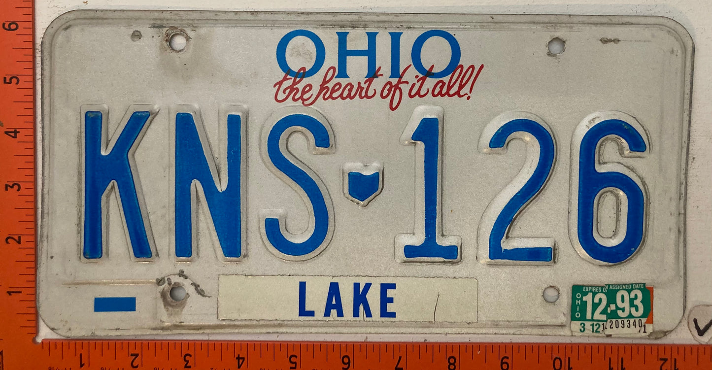 1993 Ohio #KNS-126 Passenger License Plate