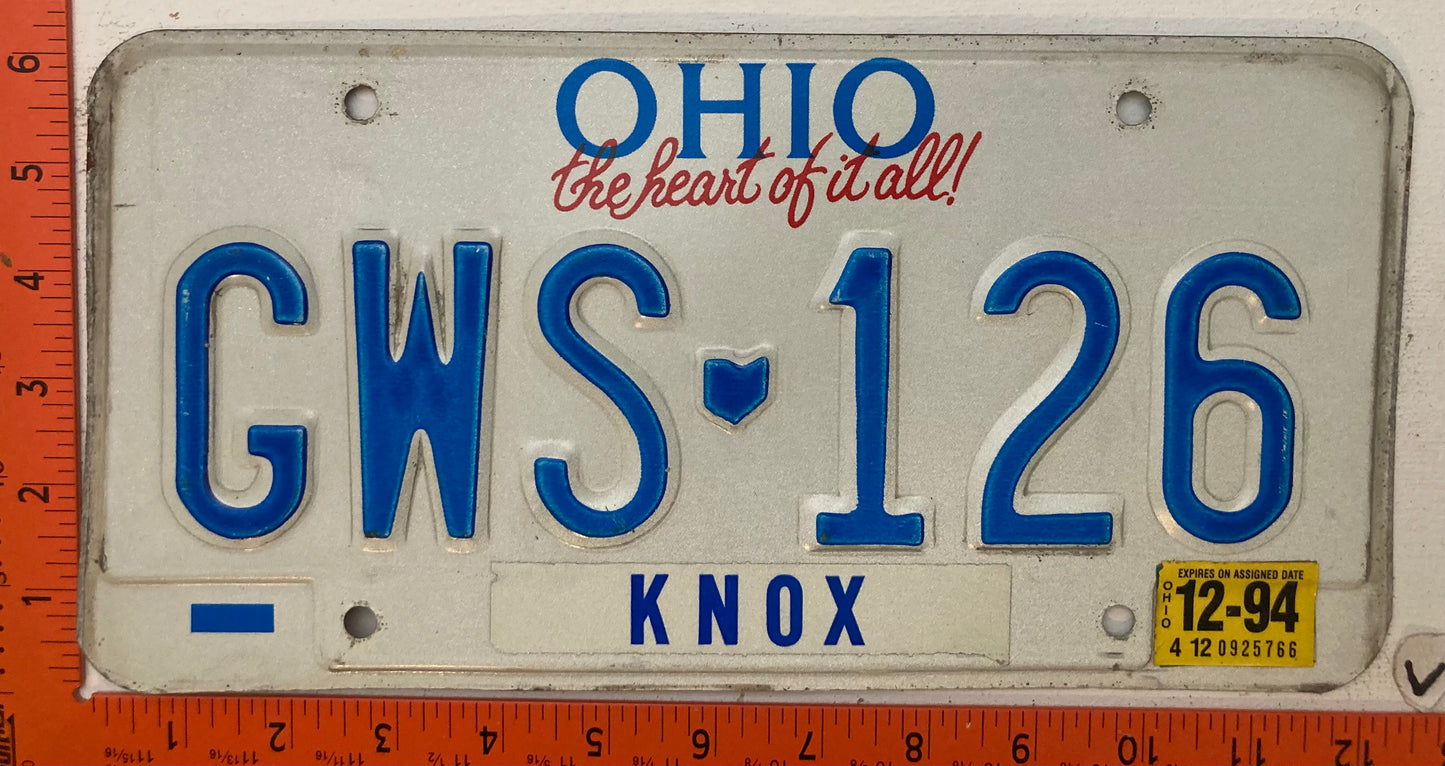 1994 Ohio #GWS-126 Passenger License Plate
