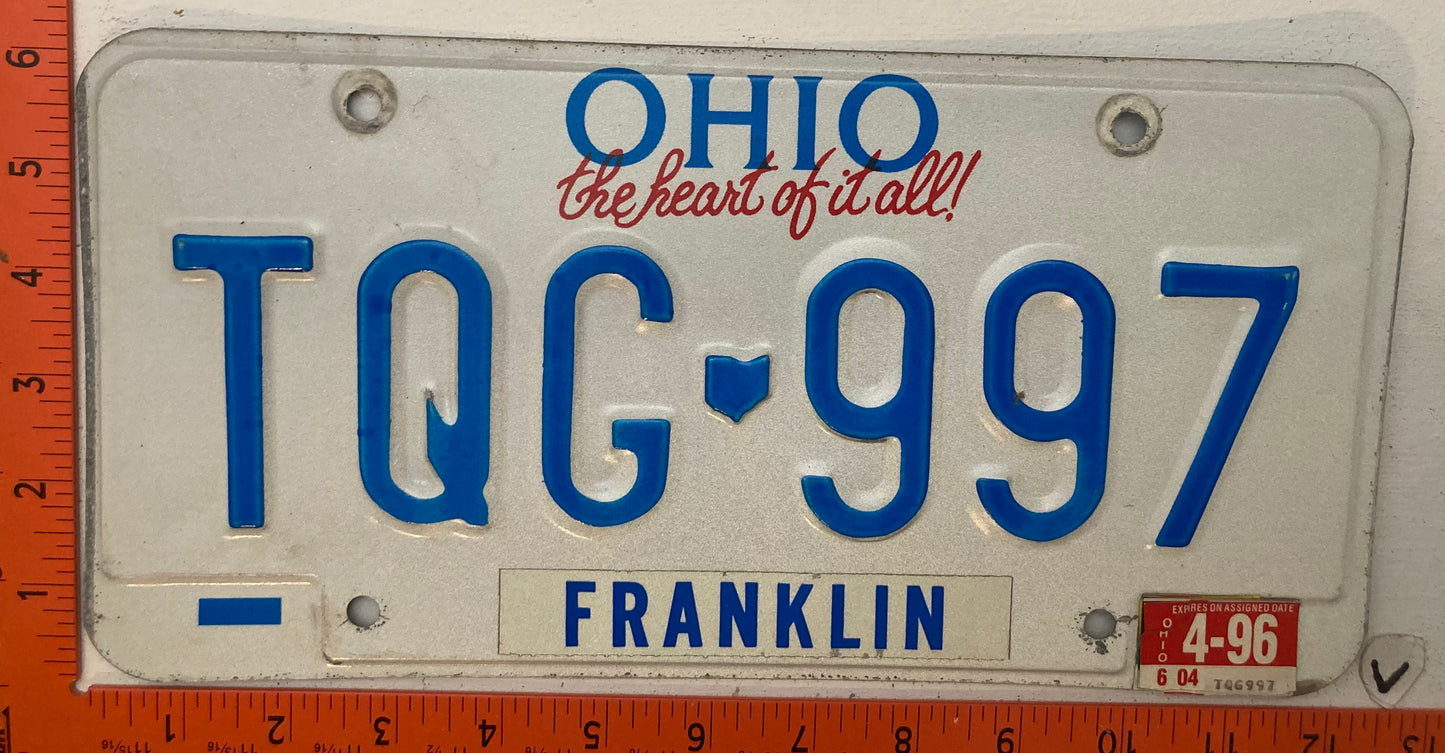1995 Ohio #TQG-997 Passenger License Plate