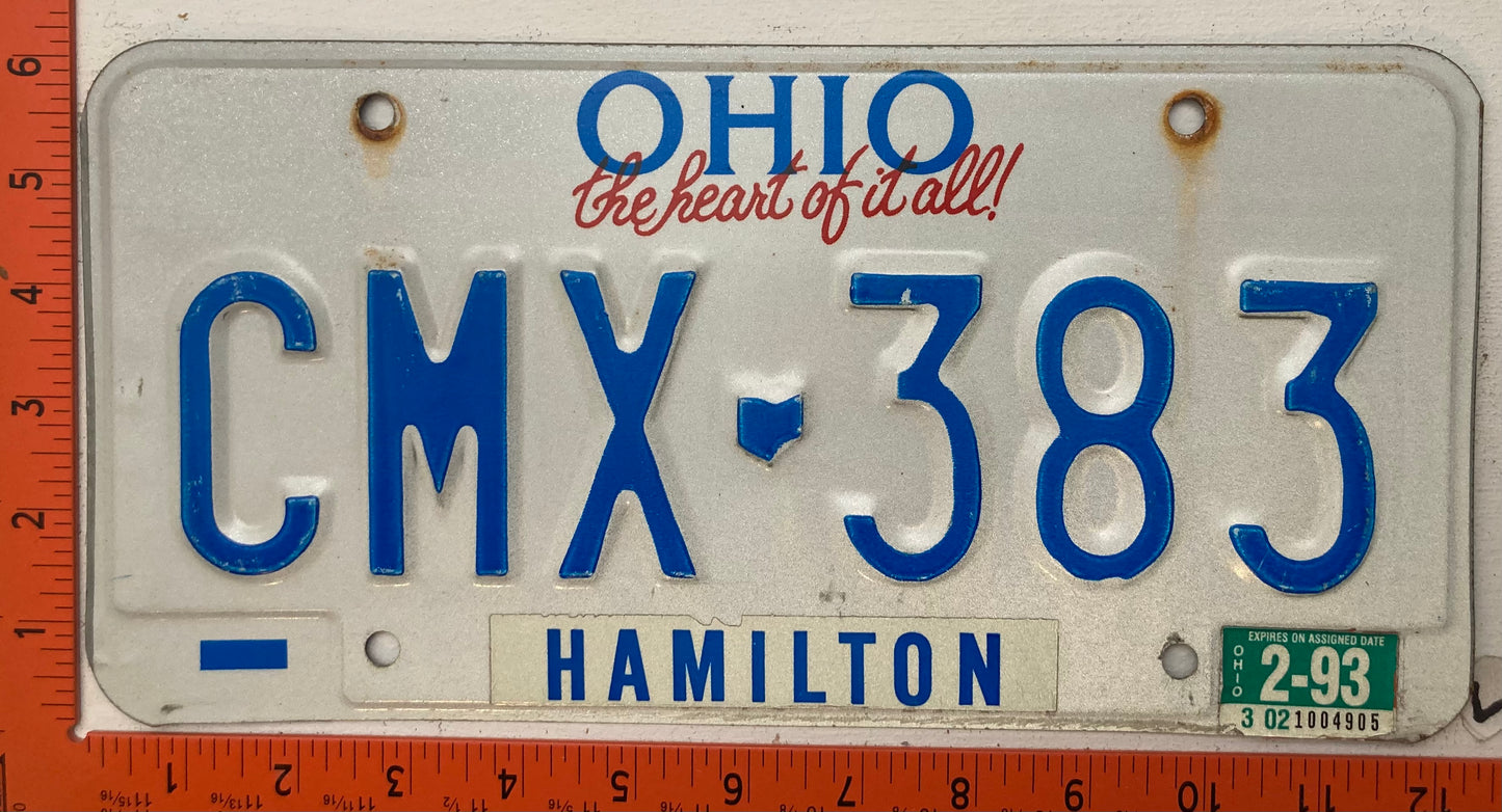1993 Ohio #CMX-383 Passenger License Plate