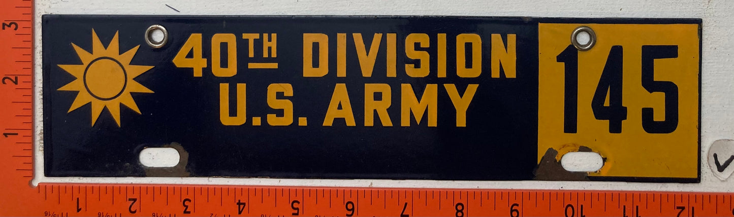 Undated 40th Division U.S. Army #145 Passenger License Plate (porcelain)