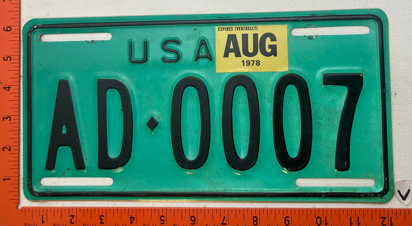 1978 U.S. Forces Germany #AD-0007 License Plate