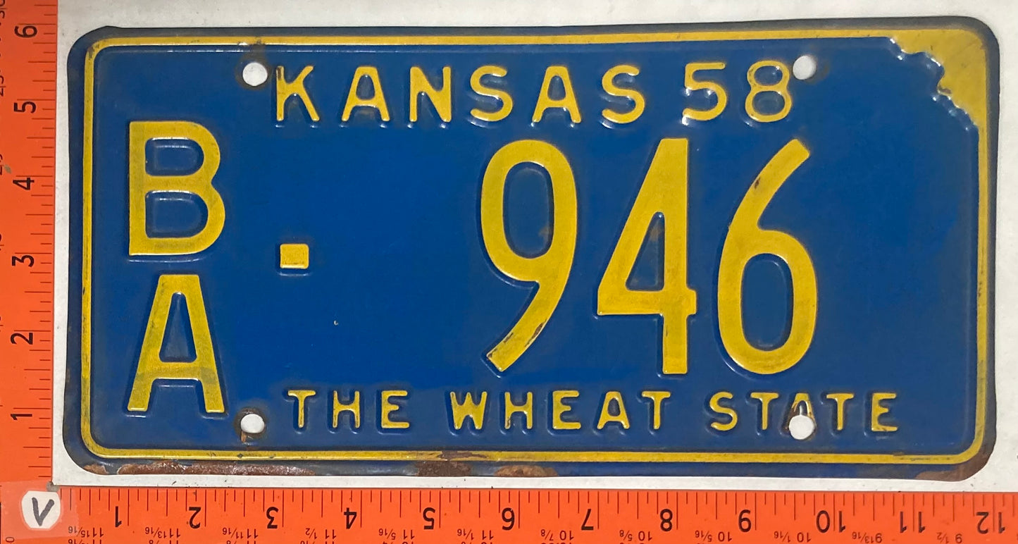 1958 Kansas #B/A-946 Passenger License Plate
