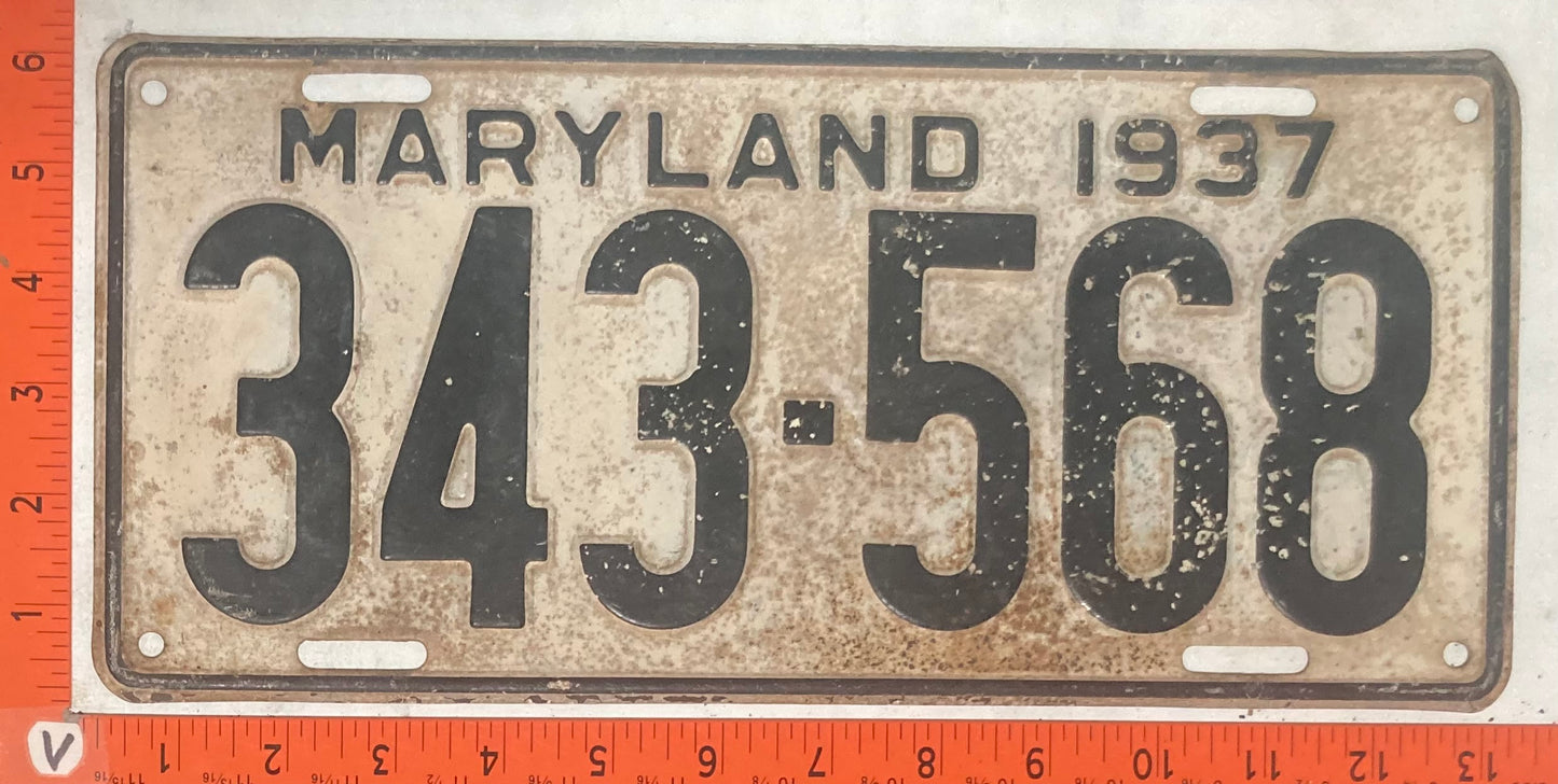 1937 Maryland #343-568 Passenger License Plate