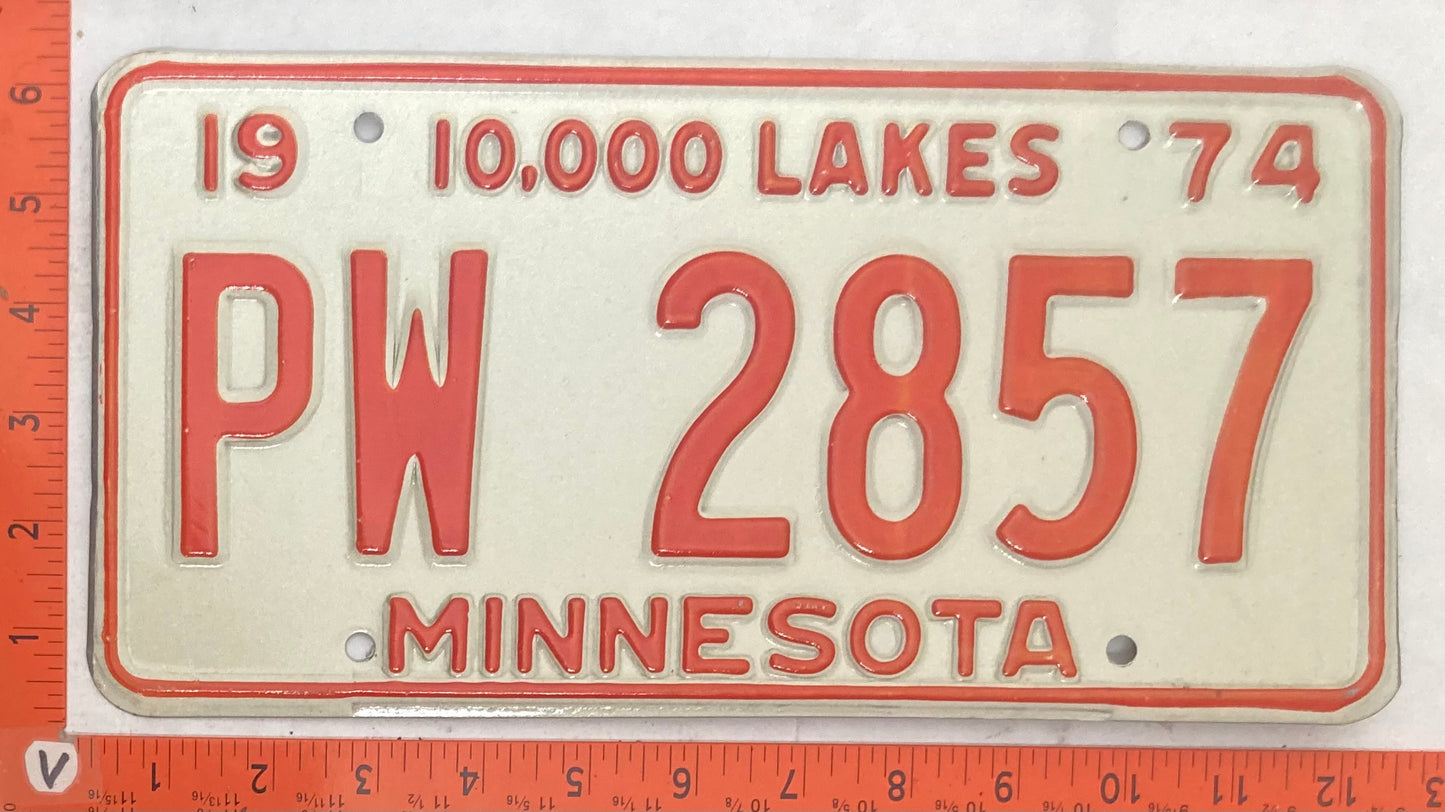 1974 Minnesota #PW 2857 Passenger License Plate