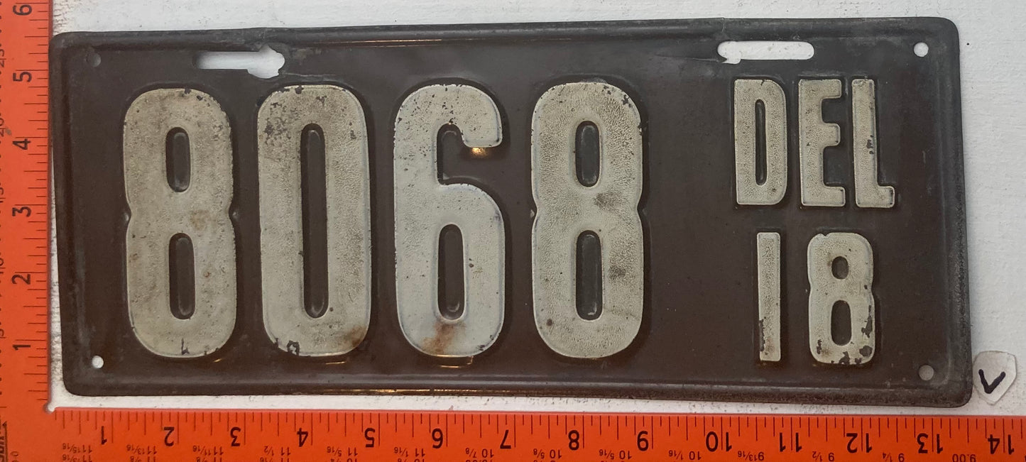 1918 Delaware #8068 Passenger License Plate
