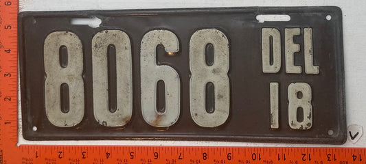 1918 Delaware #8068 Passenger License Plate