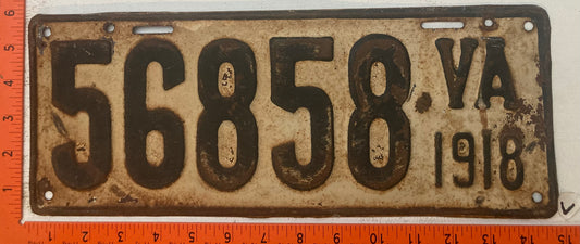1918 Virginia #56858 Passenger License Plate