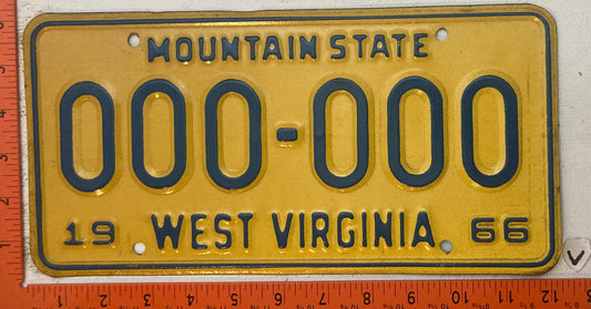 1966 West Virginia #000-000 Sample Passenger License Plate