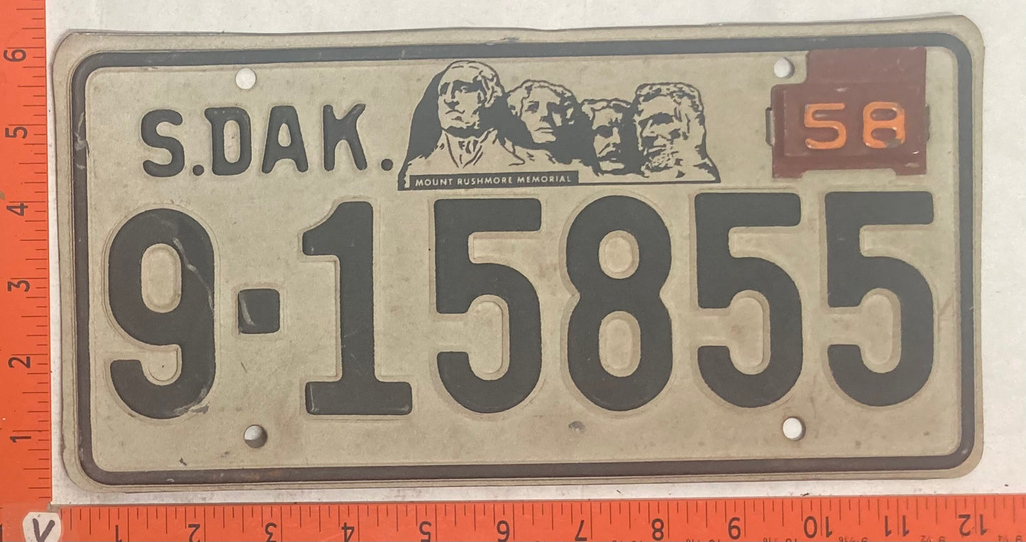 1958 South Dakota #9-15855 Passenger License Plate