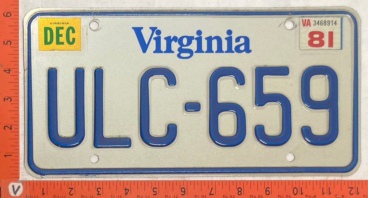 1981 Virginia #ULC-659 Passenger License Plate