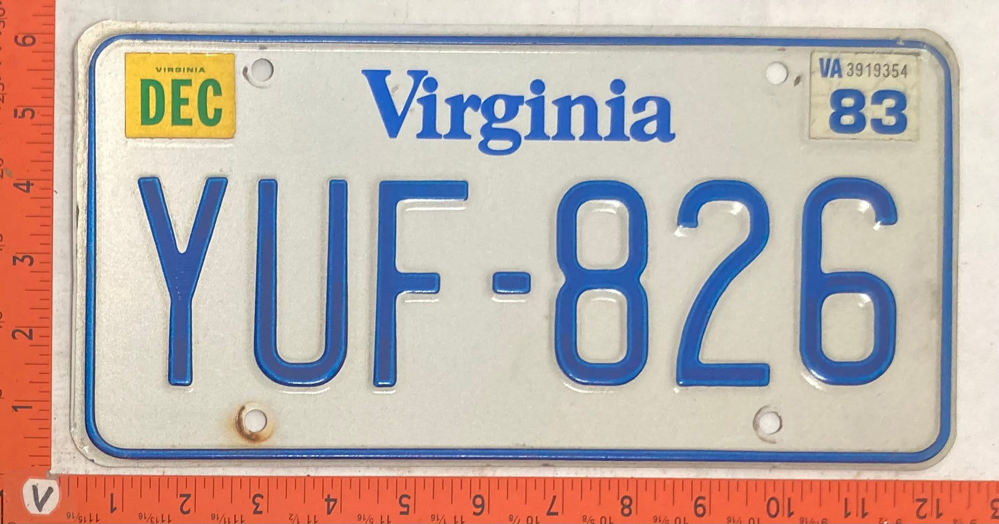 1983 Virginia #YUF-826 Passenger License Plate