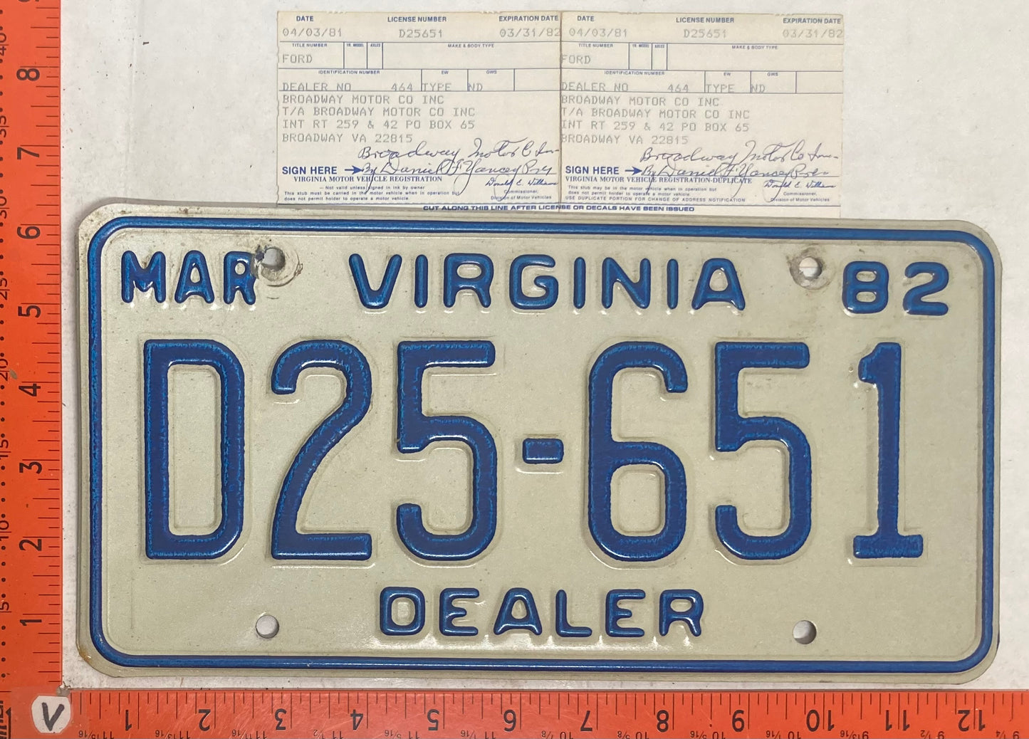 1982 Virginia #D25-651 Dealer License Plate (with Registration)