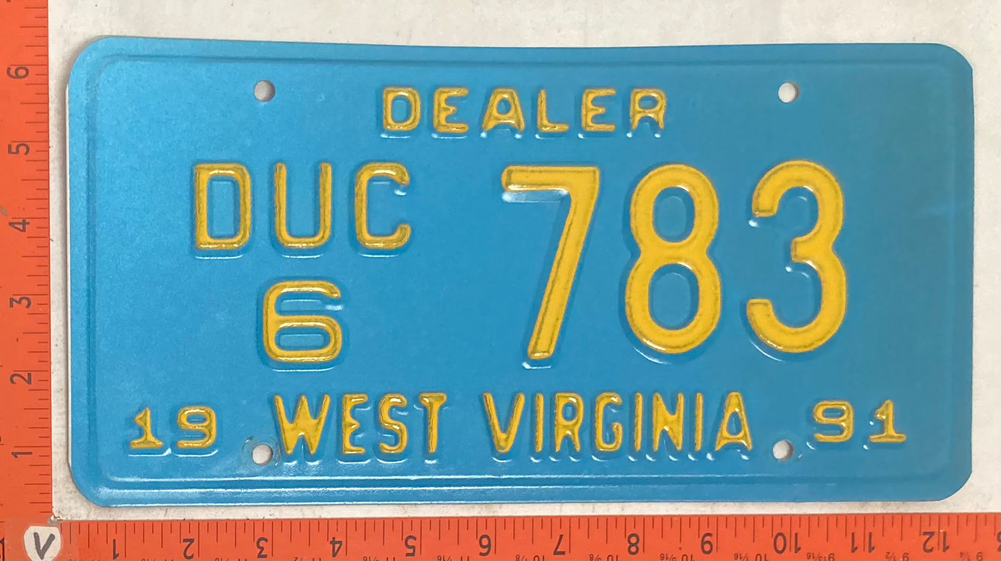 1991 West Virginia #DUC/6 783 Used Car Dealer License Plate