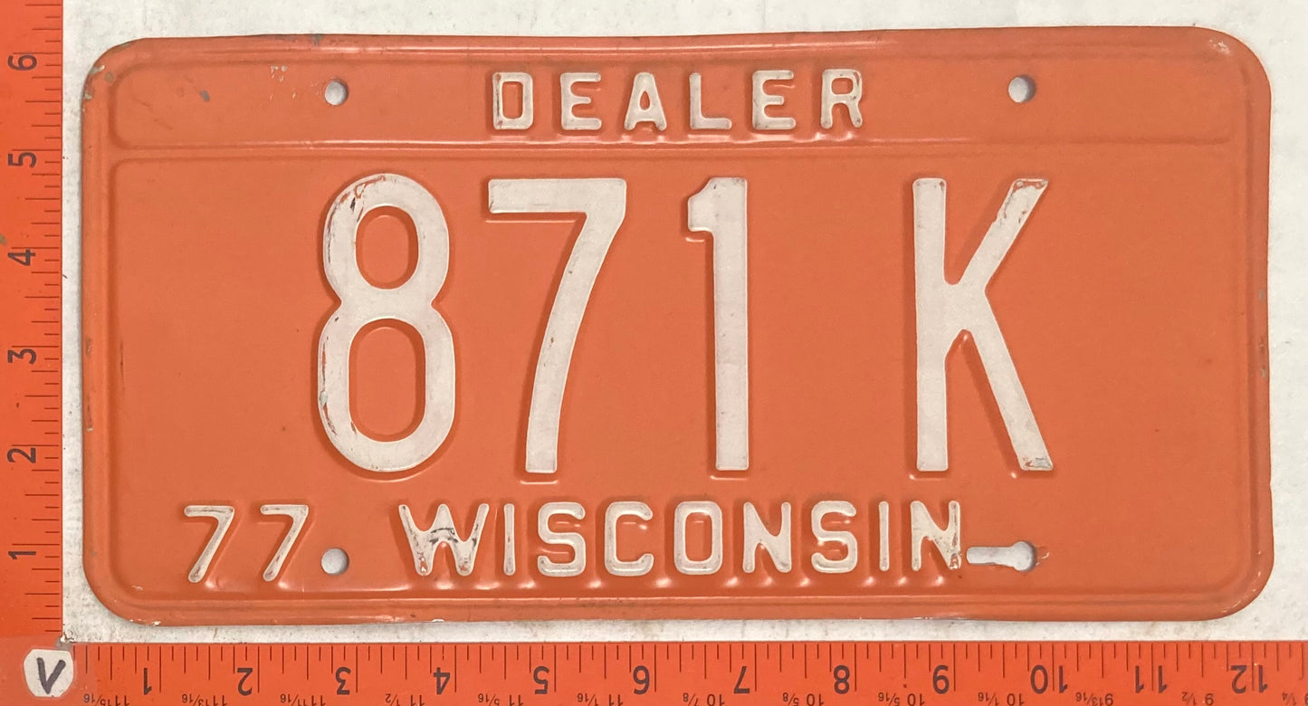1977 Wisconsin #871 K Dealer License Plate