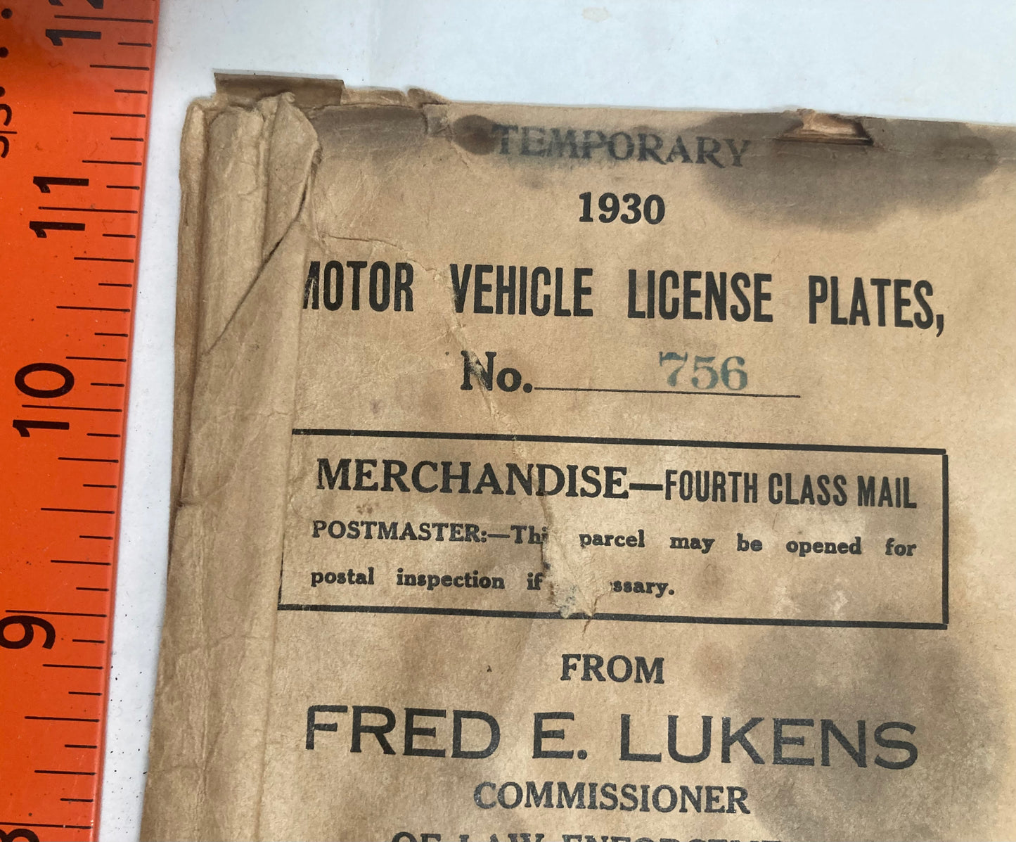 1930 Idaho #756 Temporary Tourist Passenger License Plate (w/Envelope)