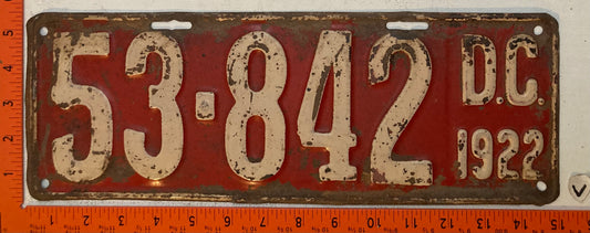 1922 Washington, DC #53-842 Passenger License Plate