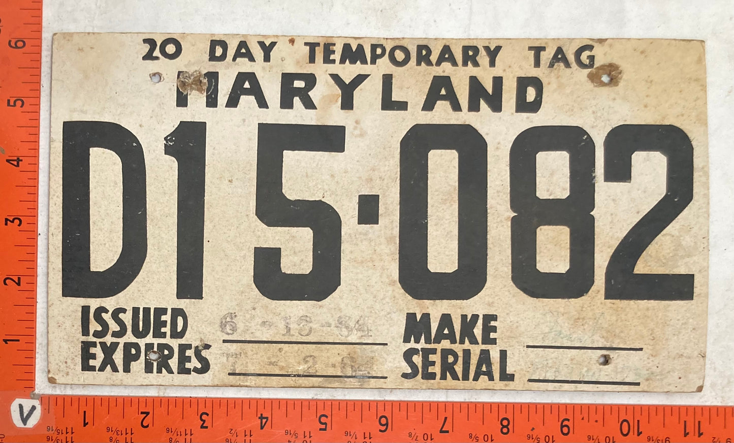 1984 Maryland #D15-082 Temporay License Plate (Cardboard)