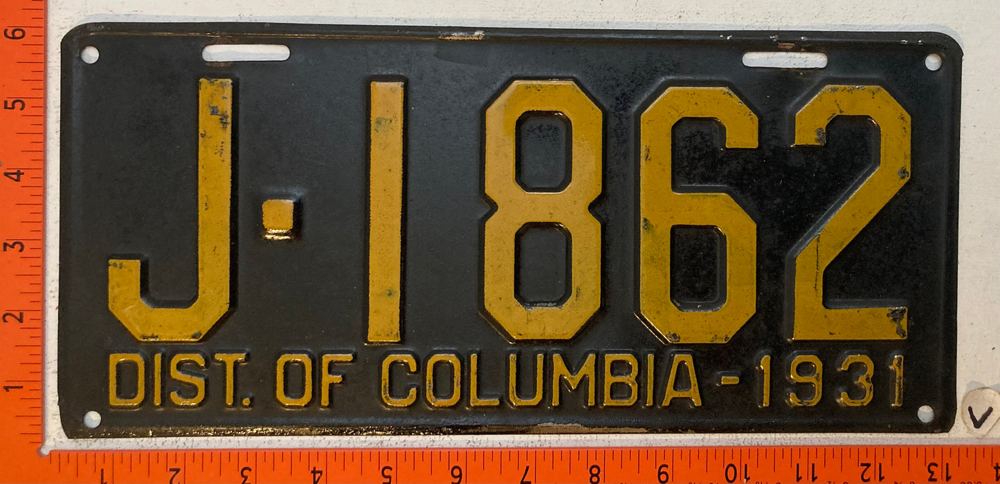 1931 Washington, DC #J-1862 Passenger License Plate