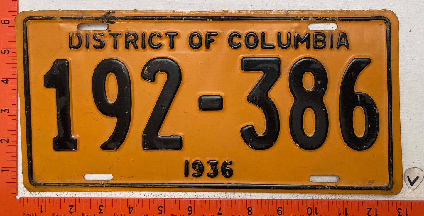 1936 Washington, DC #192-386 Passenger License Plate