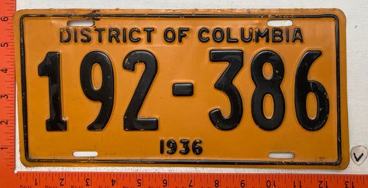 1936 Washington, DC #192-386 Passenger License Plate