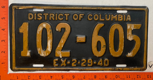 1940 Washington, DC #102-605 Passenger License Plate