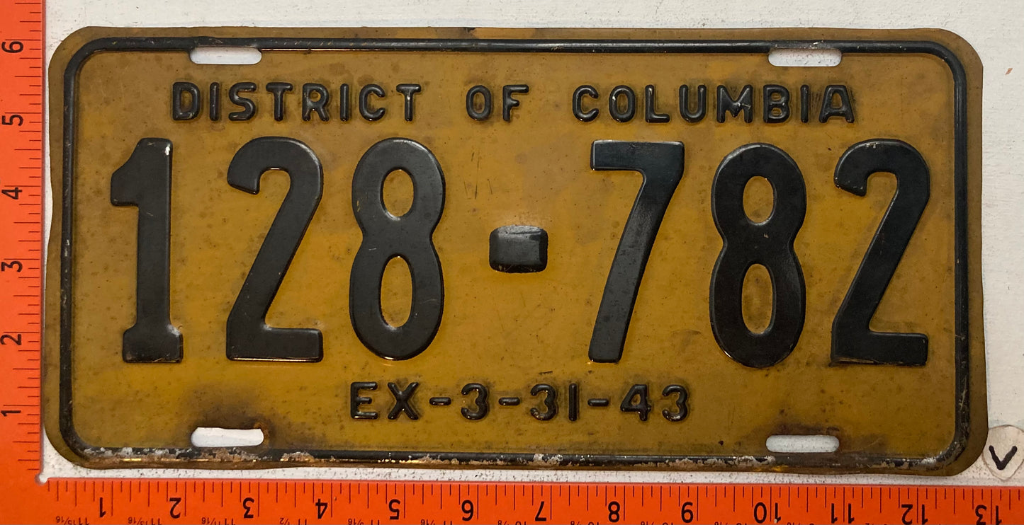 1943 Washington, DC #128-782 Passenger License Plate