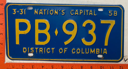 1958 Washington, DC  #PB-937 Passenger License Plate