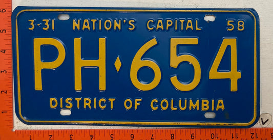 1958 Washington, DC  #PH-654 Passenger License Plate