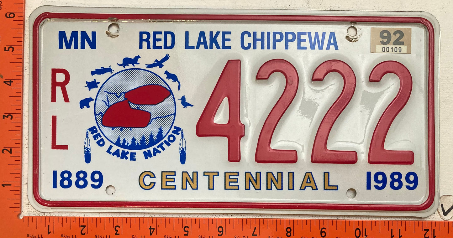 1992 Red Lake Chippewa, Minnesota #R/L 4222 Passenger License Plate
