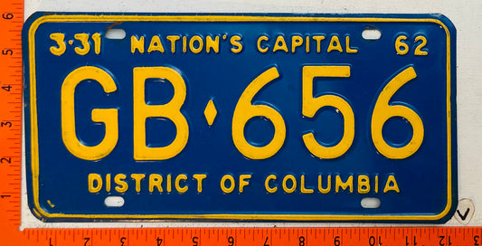 1962 Washington, DC #GB-656 Passenger License Plate