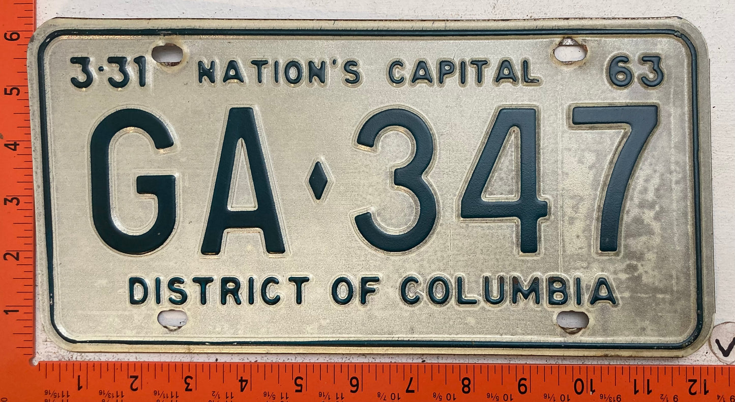 1963 Washington, DC #GA-347 Passenger License Plate