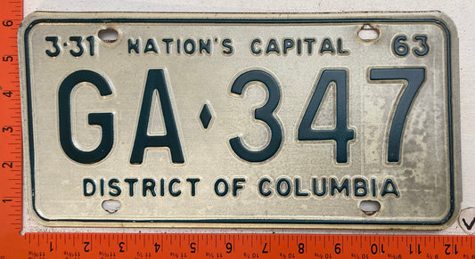 1963 Washington, DC #GA-347 Passenger License Plate