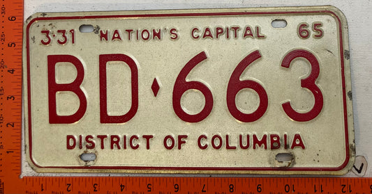 1965 Washington, DC #BD-663 Passenger License Plate