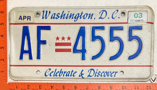 2003 Washington, DC #AF 4555 Passenger License Plate
