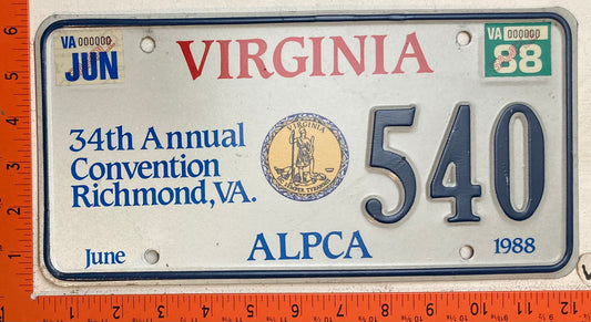 1988 ALPCA Convention, Richmond, Virginia #540 Souvenir License Plate