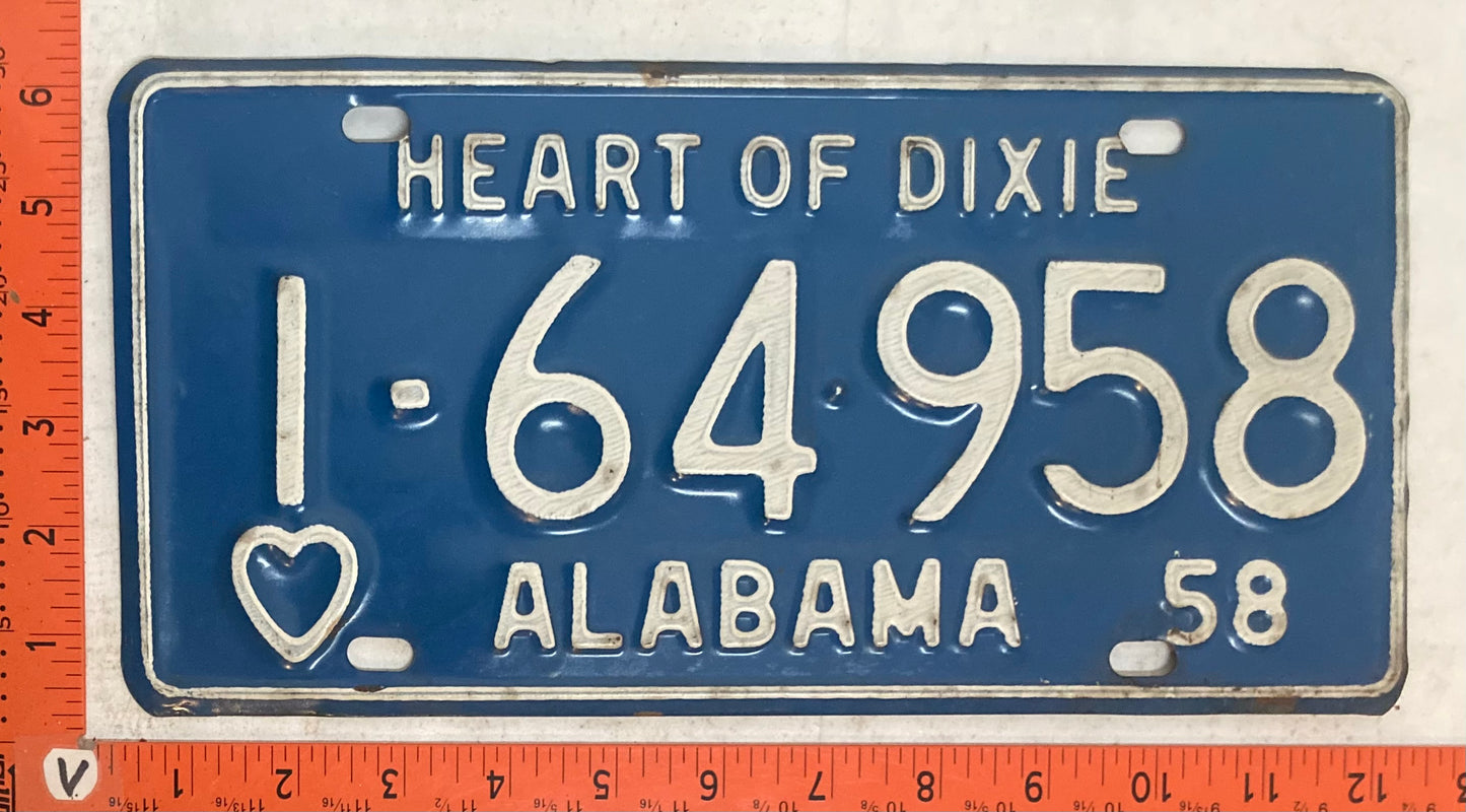 1958 Alabama #1-64958 Passenger License Plate
