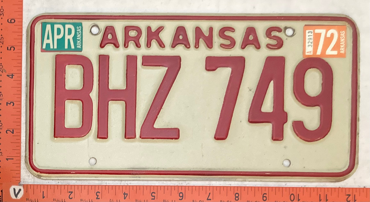 1972 Arkansas #BHZ 749 Passenger License Plate