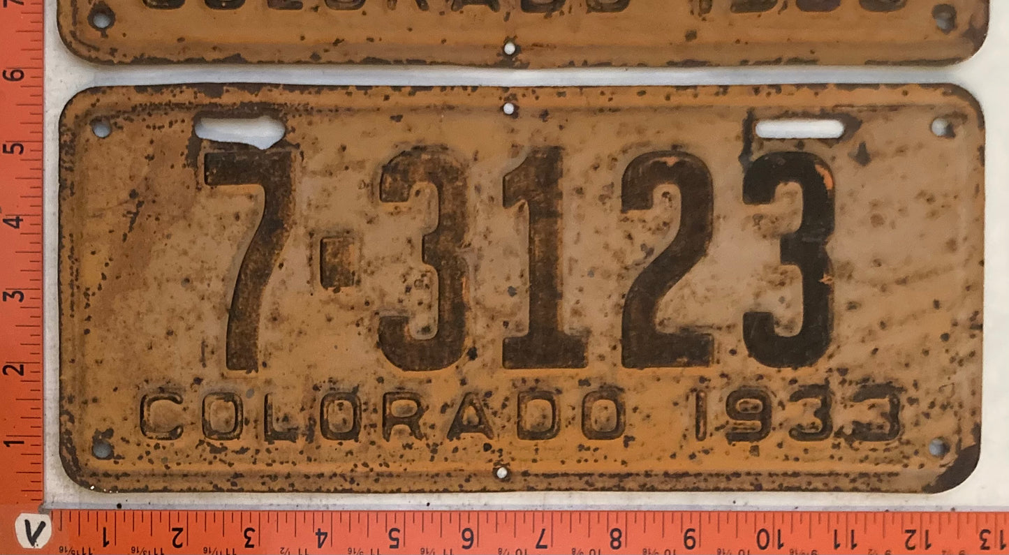 1933 Colorado #7-3123 Passenger License Plate (Pair)