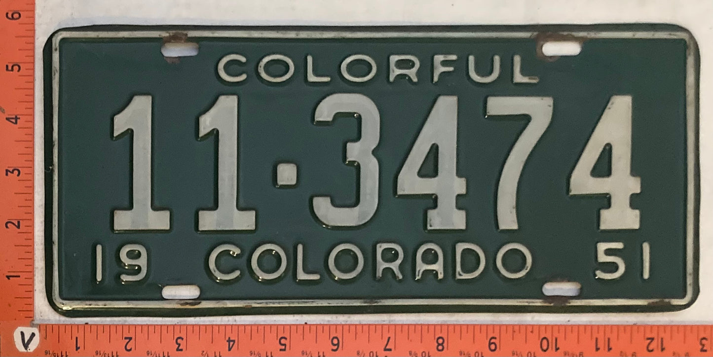 1951 Colorado #11-3474 Passenger License Plate