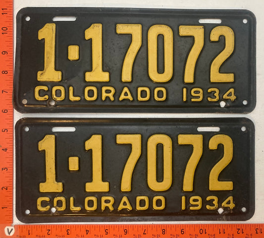1934 Colorado #1-17072 Passenger License Plate (Pair)
