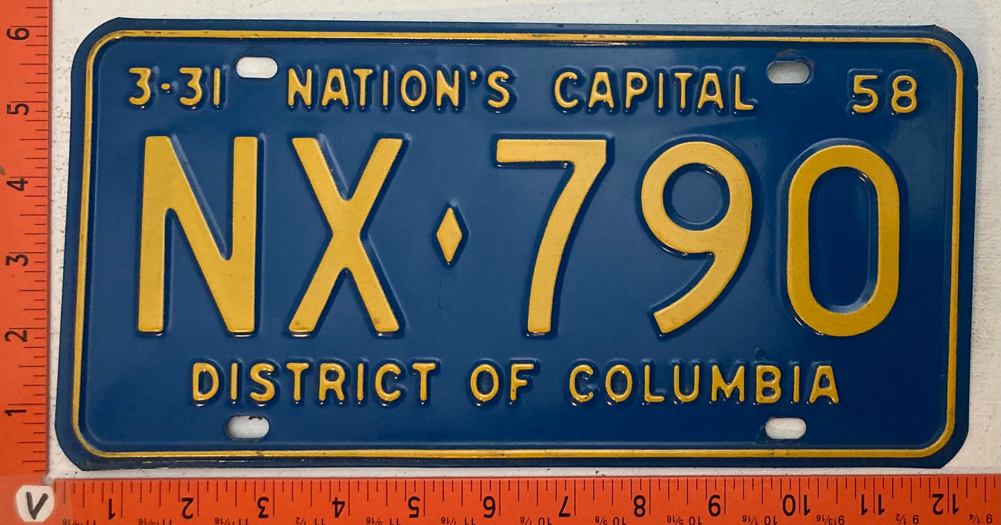 1958 Washington, DC #NX-790 Passenger License Plate
