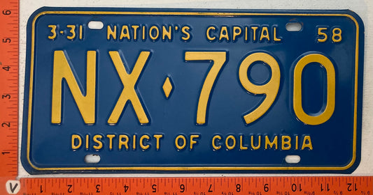 1958 Washington, DC #NX-790 Passenger License Plate