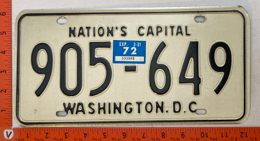 1972 Washington, DC #905-649 Passenger License Plate