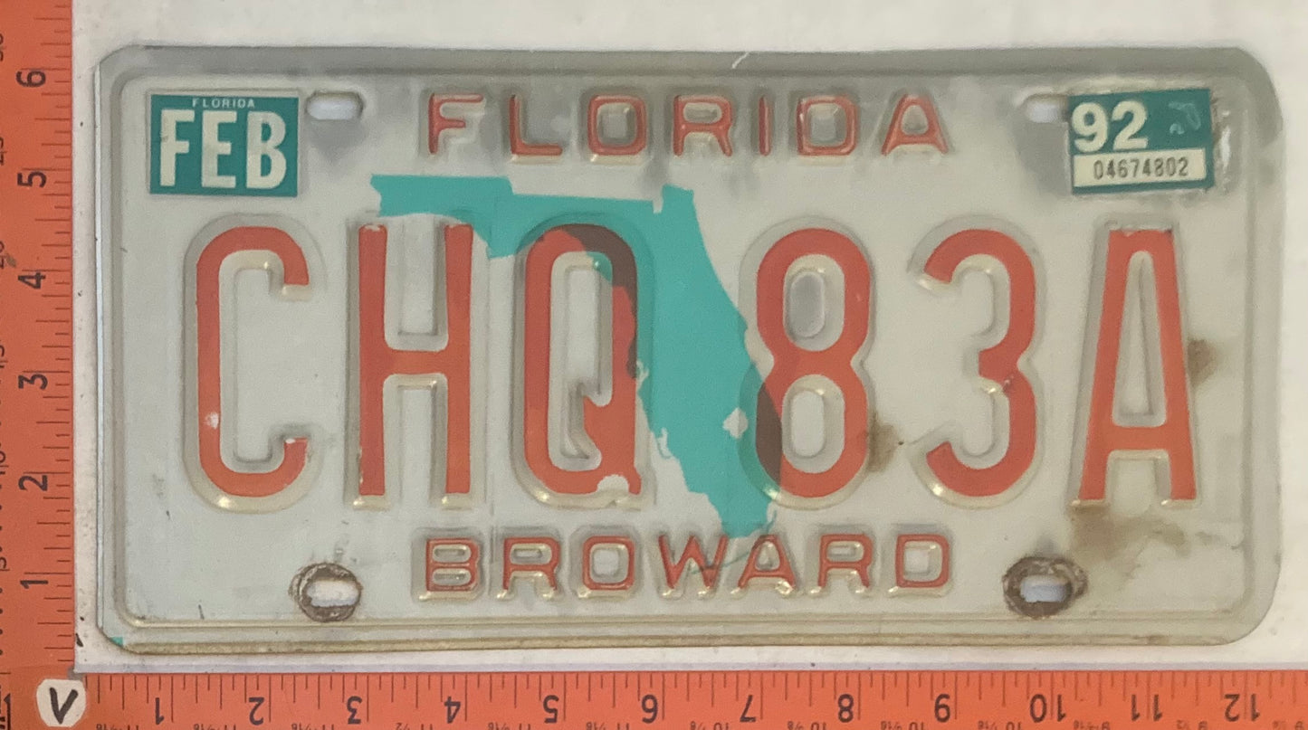 1992 Florida #CHQ 83A Passenger License Plate