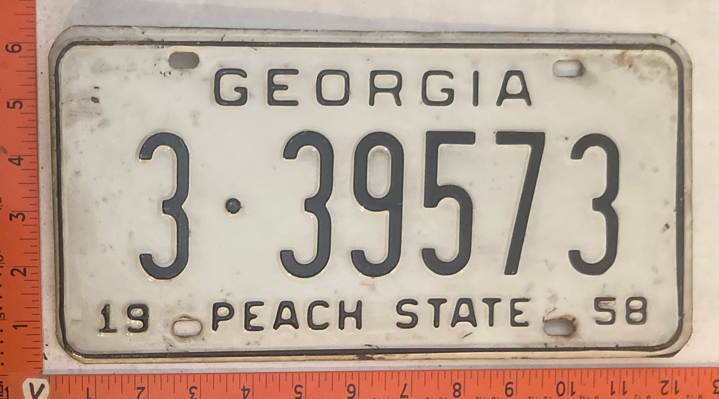 1958 Georgia #3-39573 Passenger License Plate