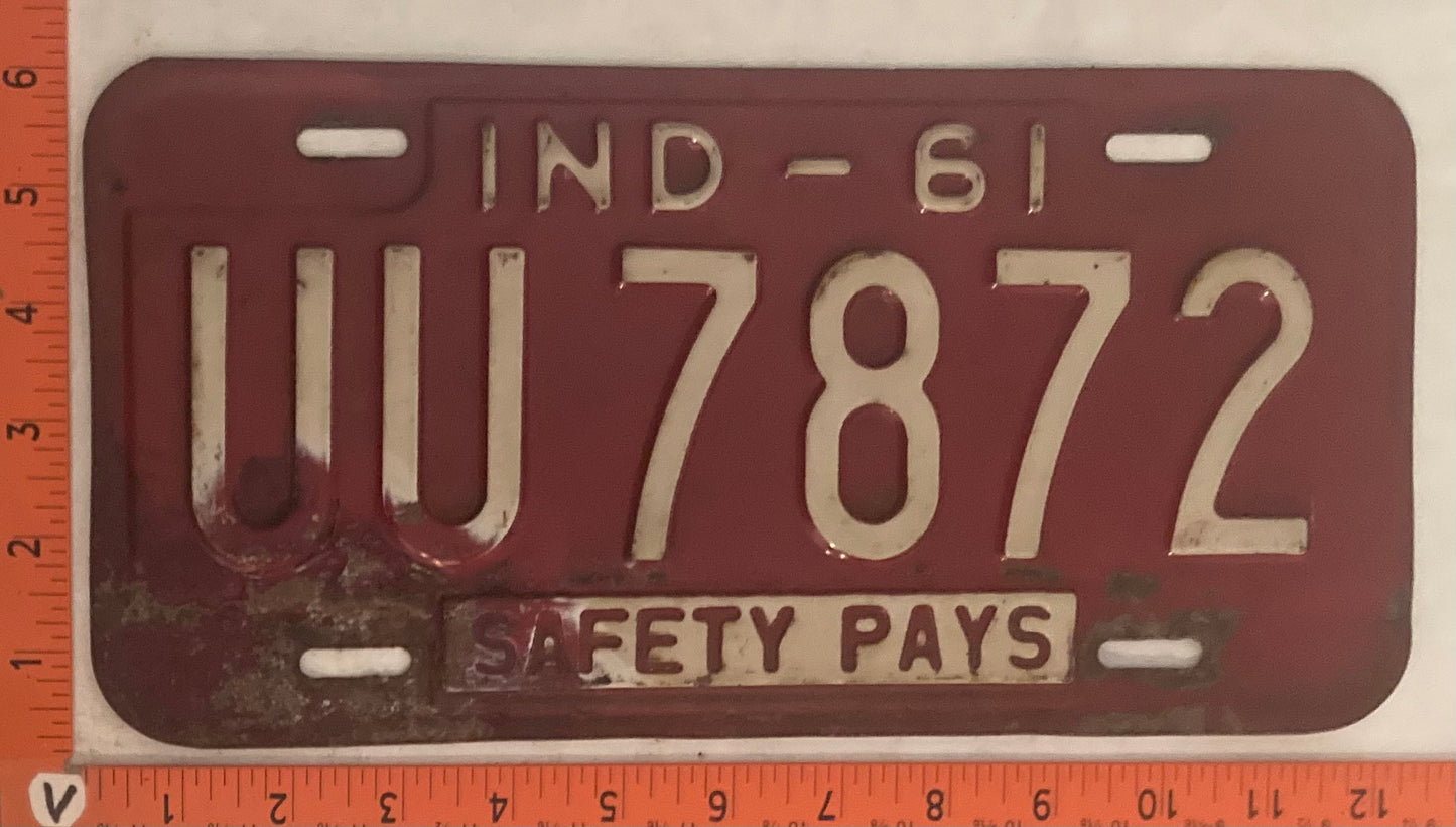 1961 Indiana #UU 7872 Passenger License Plate