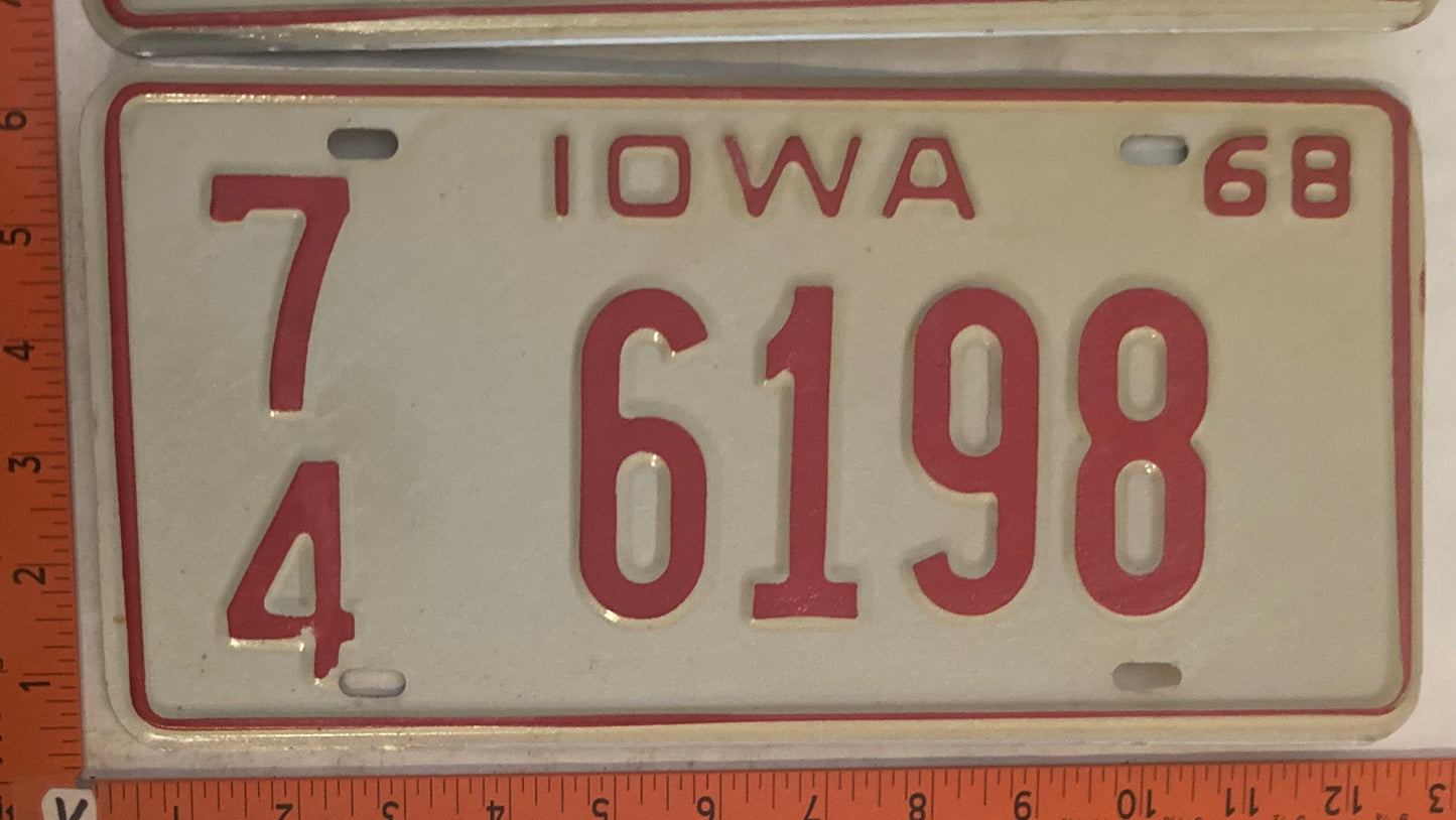 1968 Iowa #7/4 6198 Passenger License Plate (Pair)