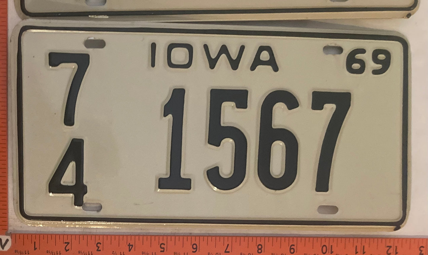 1969 Iowa #7/4 1567 Passenger License Plate (Pair)