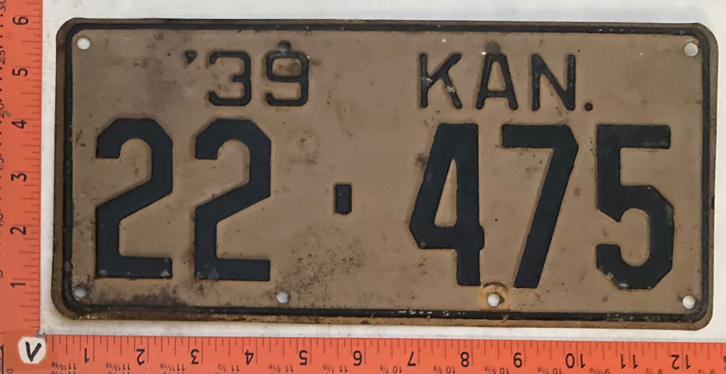 1939 Kansas #22-475 Passenger License Plate